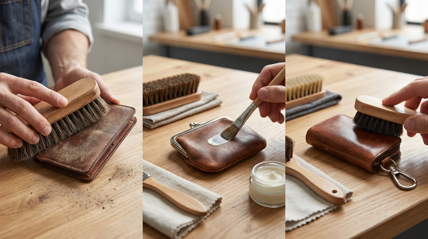 【実践】革財布・小物へのブラシの使い方3ステップ